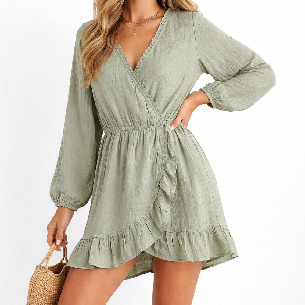 American Eagle Outfitters Dress Women's Size L Green Long Sleeve Ruffle Bohemian